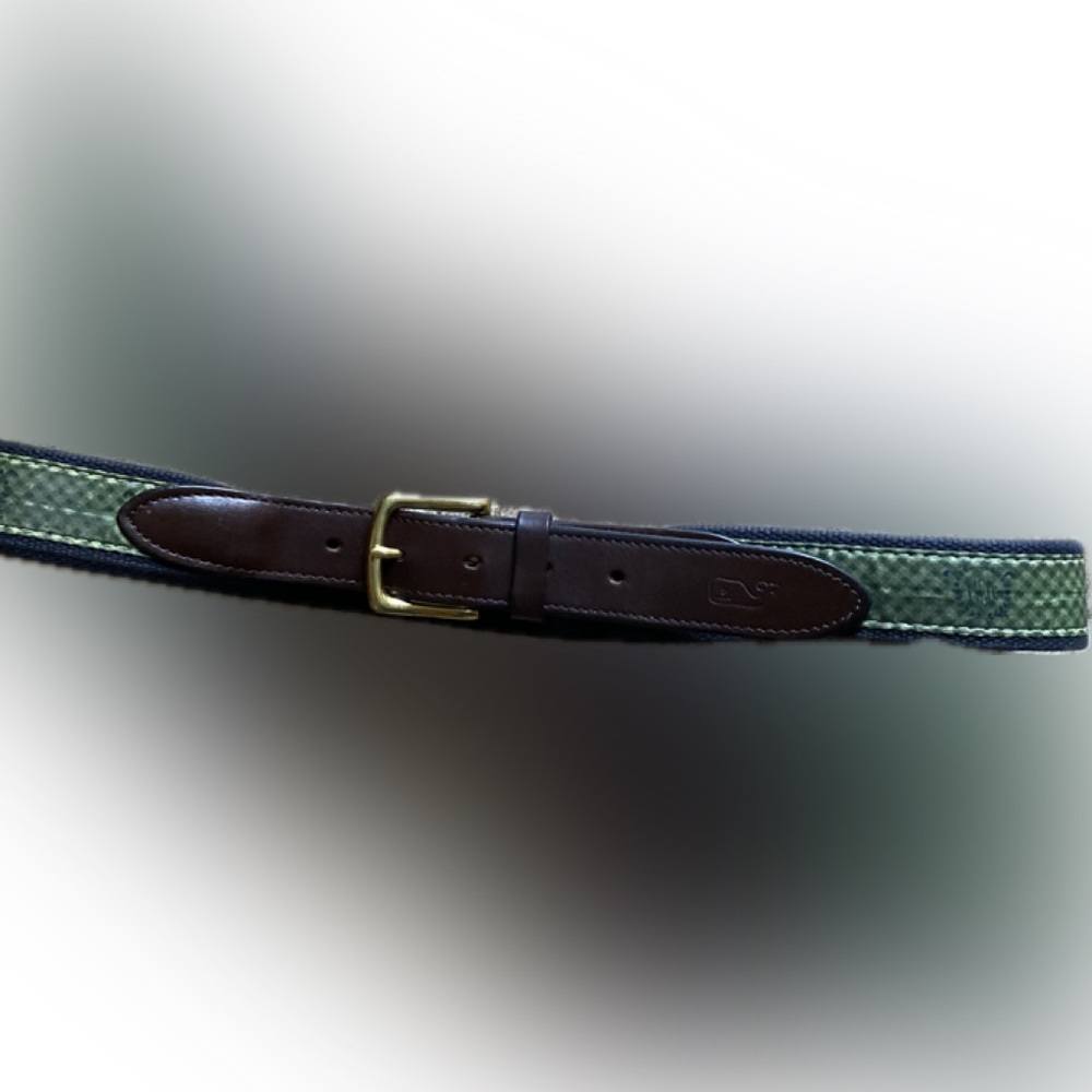 Vineyard Vines Canvas Green & Blue 1 1/4”W Belt, Gold Buckle & Leather trim, 32